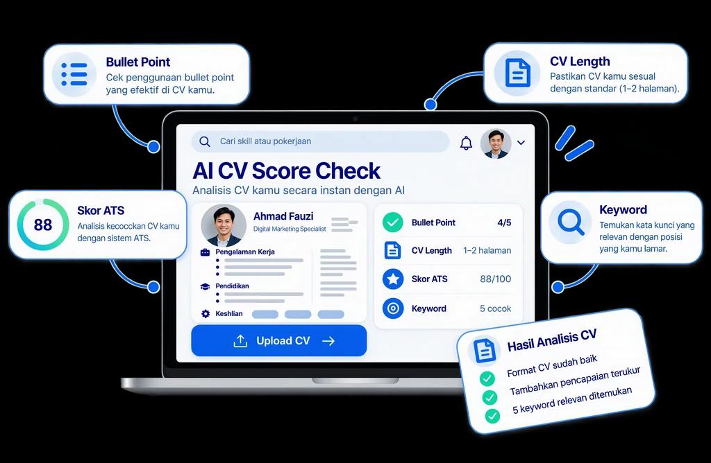 Pratinjau hasil Cek Skor CV ATS SuratPlus beserta skor dan saran perbaikan